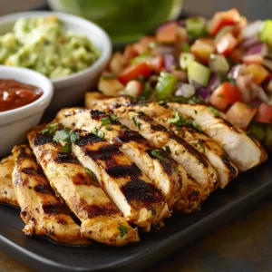  Grilled chicken slices on a tortilla with colorful vegetables and guacamole.