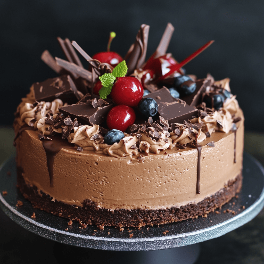 A rich chocolate mousse cake topped with glossy ganache, fresh cherries, blueberries, and mint leaves on a dark background.