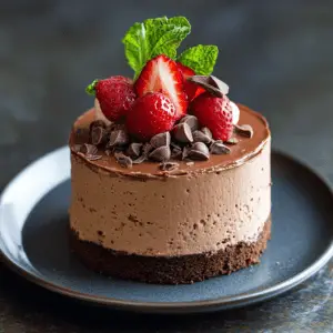 A single-serving chocolate mousse cake with a chocolate base, smooth mousse layer, and topped with strawberries, mint leaves, and chocolate chips.